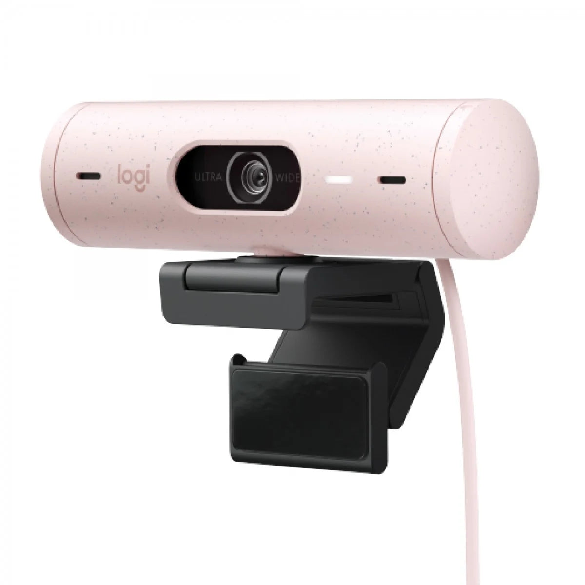Logitech Brio 500 pink webcam with USB-C connection and integrated privacy shutter.